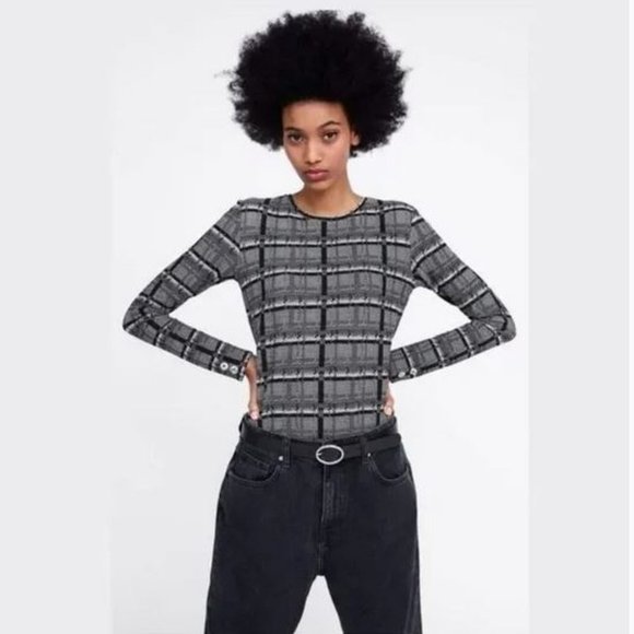 Zara Plaid Textured Long Sleeves Top, NWOT, S - Picture 10 of 15